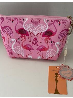 Hoyofo Pink Flamingo Print Waterproof Zip Top Cosmetic Bag Travel Bag Clutch
